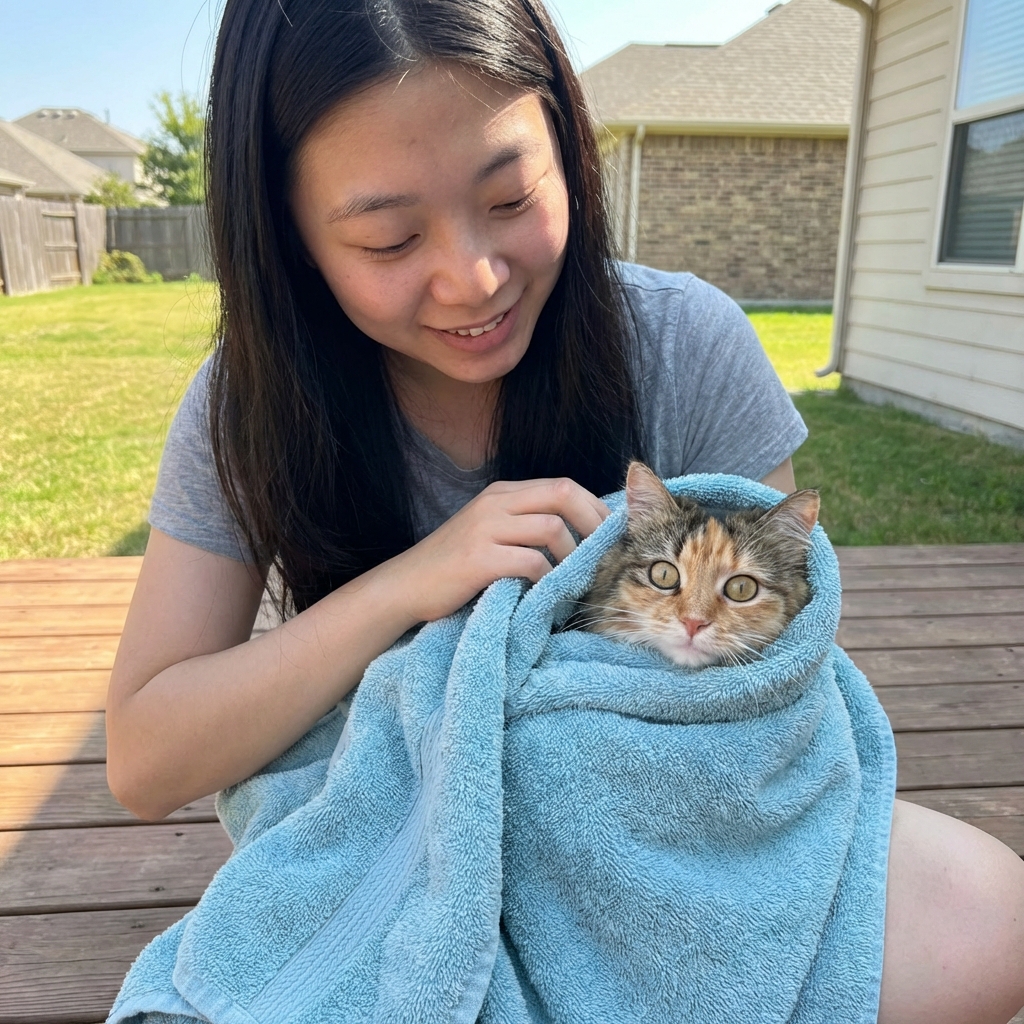 A person gently wrapping a cat in a towel with only the cat’s head showing