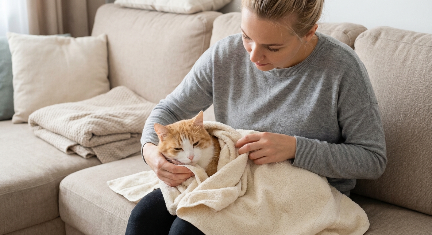 A person gently wrapping a relaxed cat in a towel on a sofa
