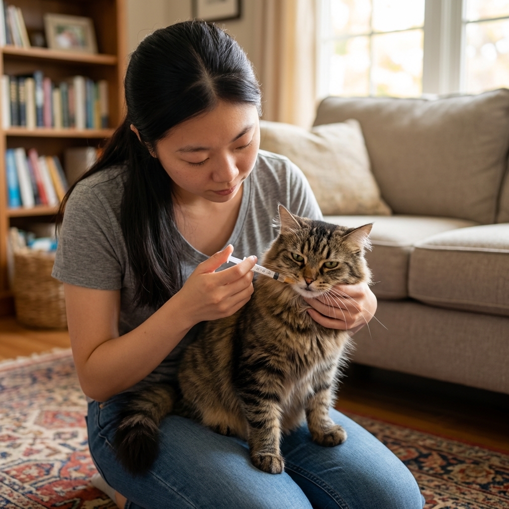 A person giving a cat liquid medication with an oral syringe at home
