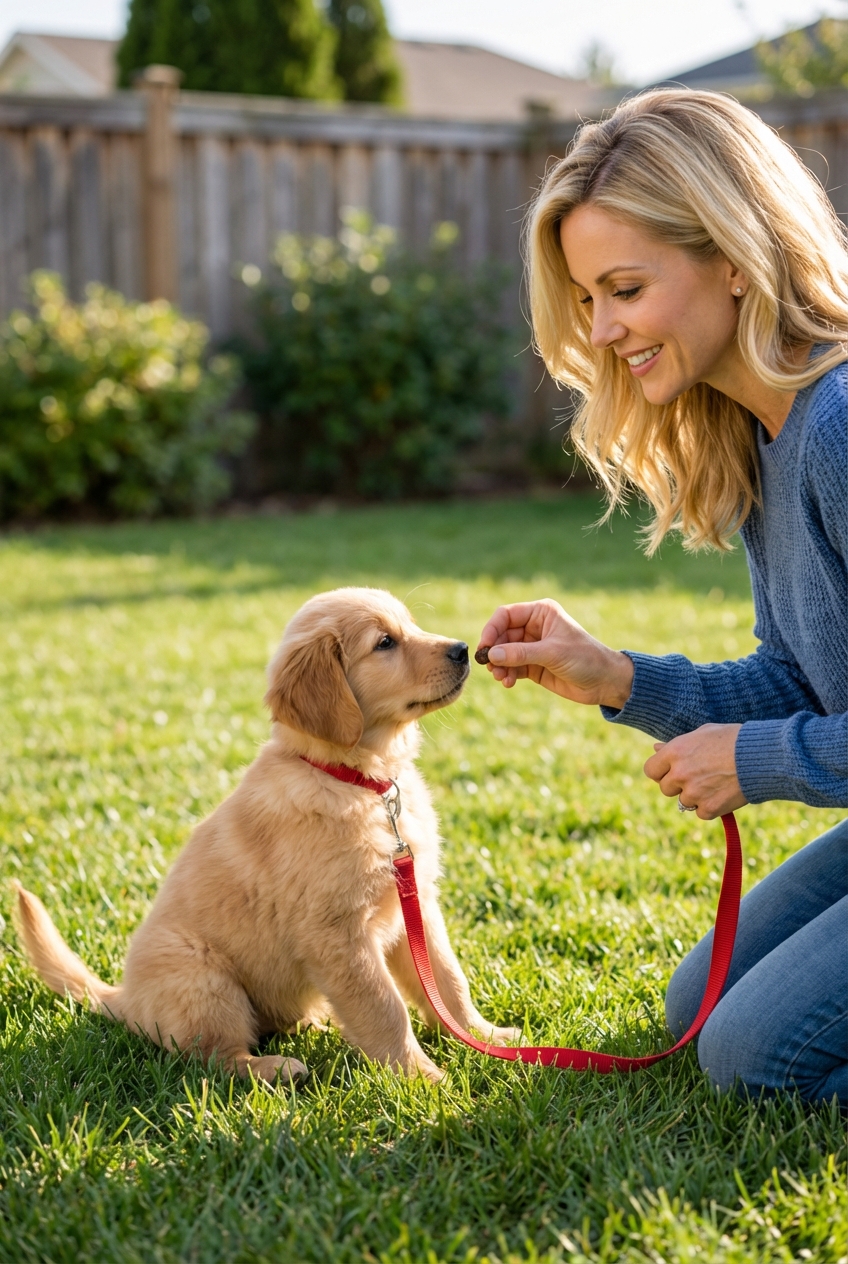 A person giving a small treat to a puppy on a leash in a grassy yard