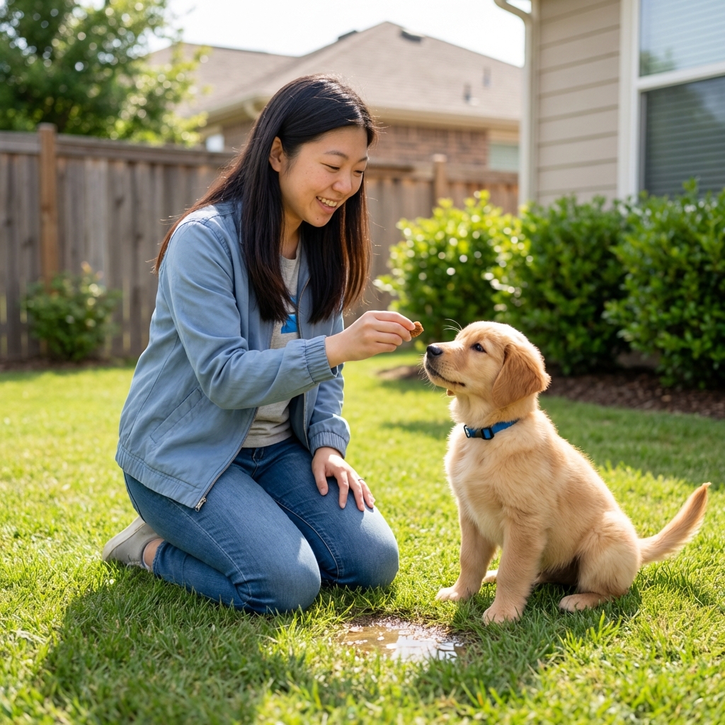 A person giving a small treat to a puppy outside after the puppy finishes pottying