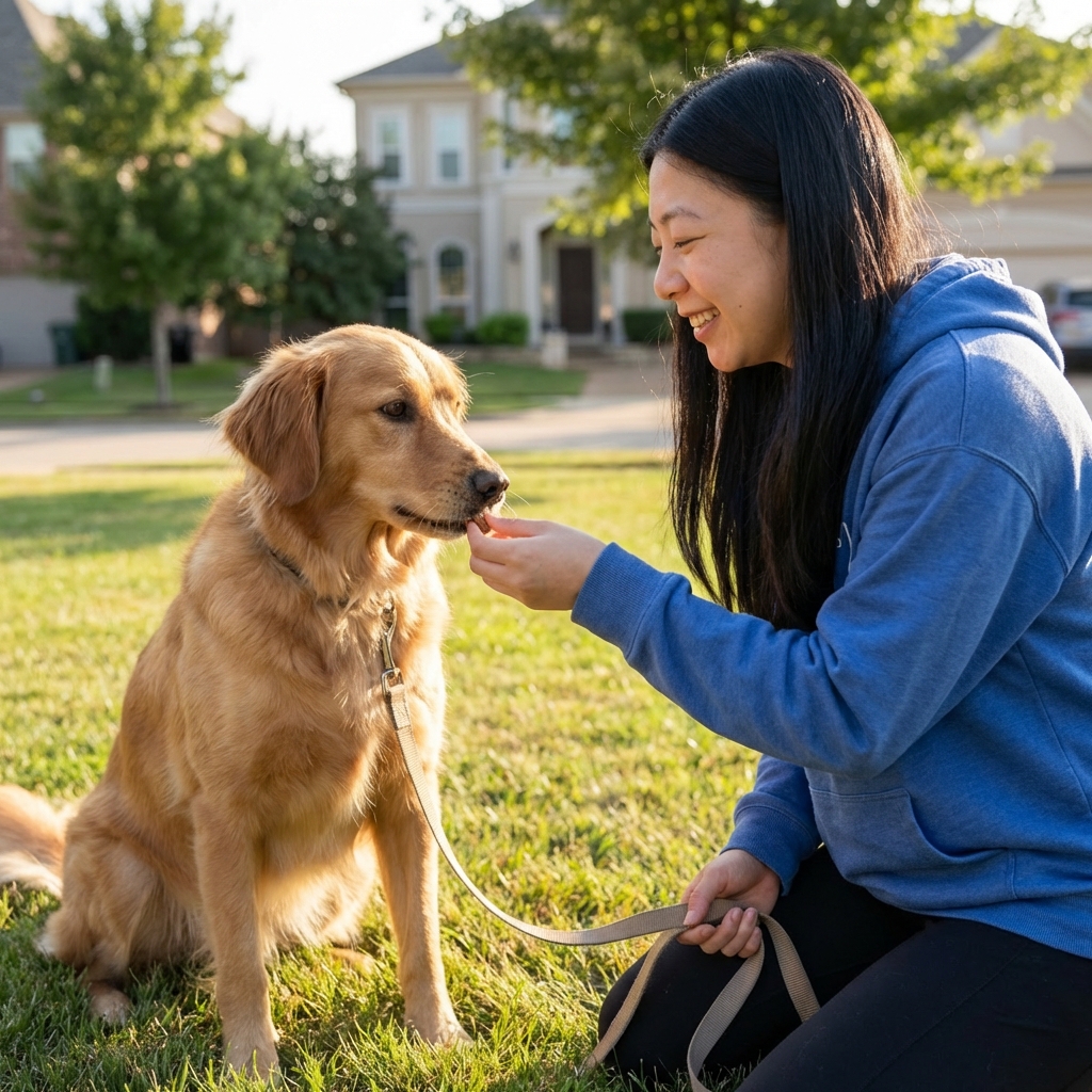 A person greeting a dog by offering a treat while the dog sits calmly with a leash held loosely