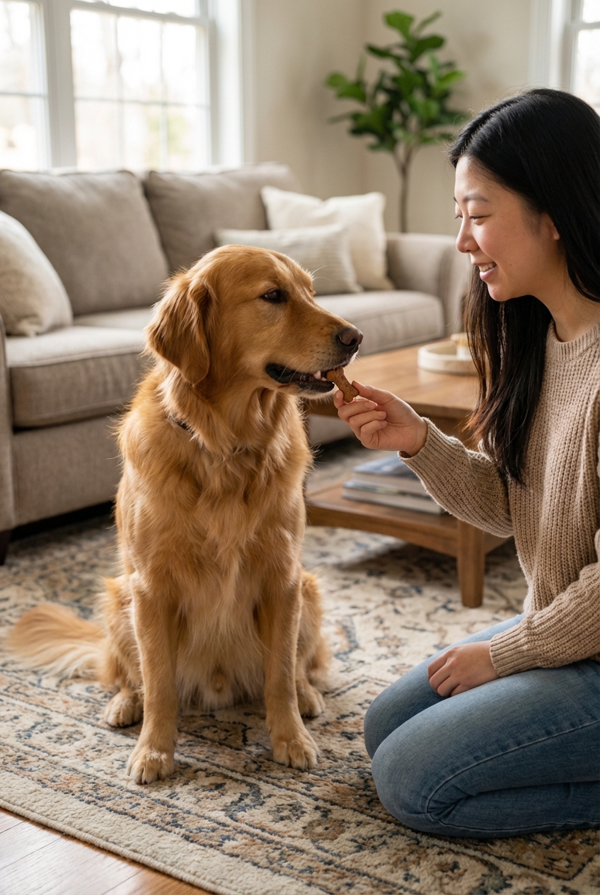 A person hand-feeding a small treat to a relaxed dog sitting on a rug inside a living room