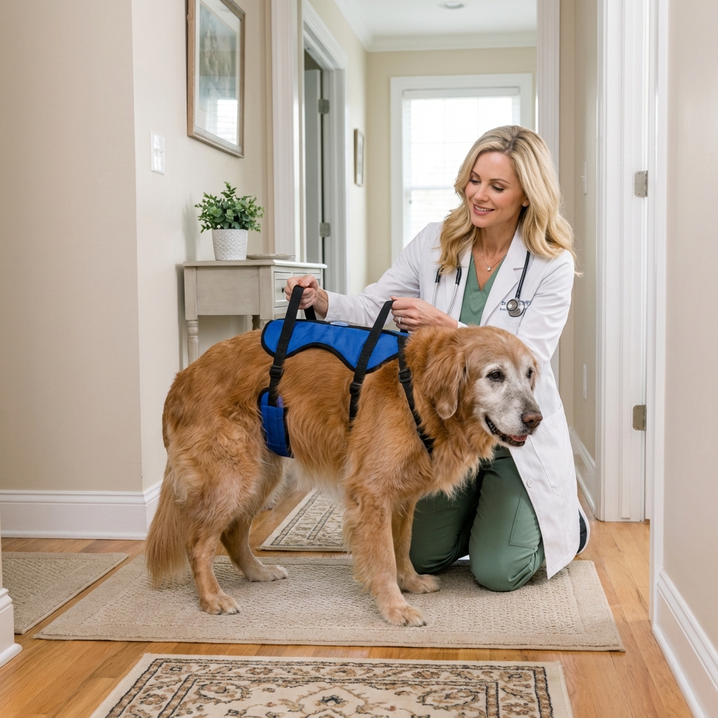A person helping a senior dog stand using a supportive harness in a hallway with non-slip rugs
