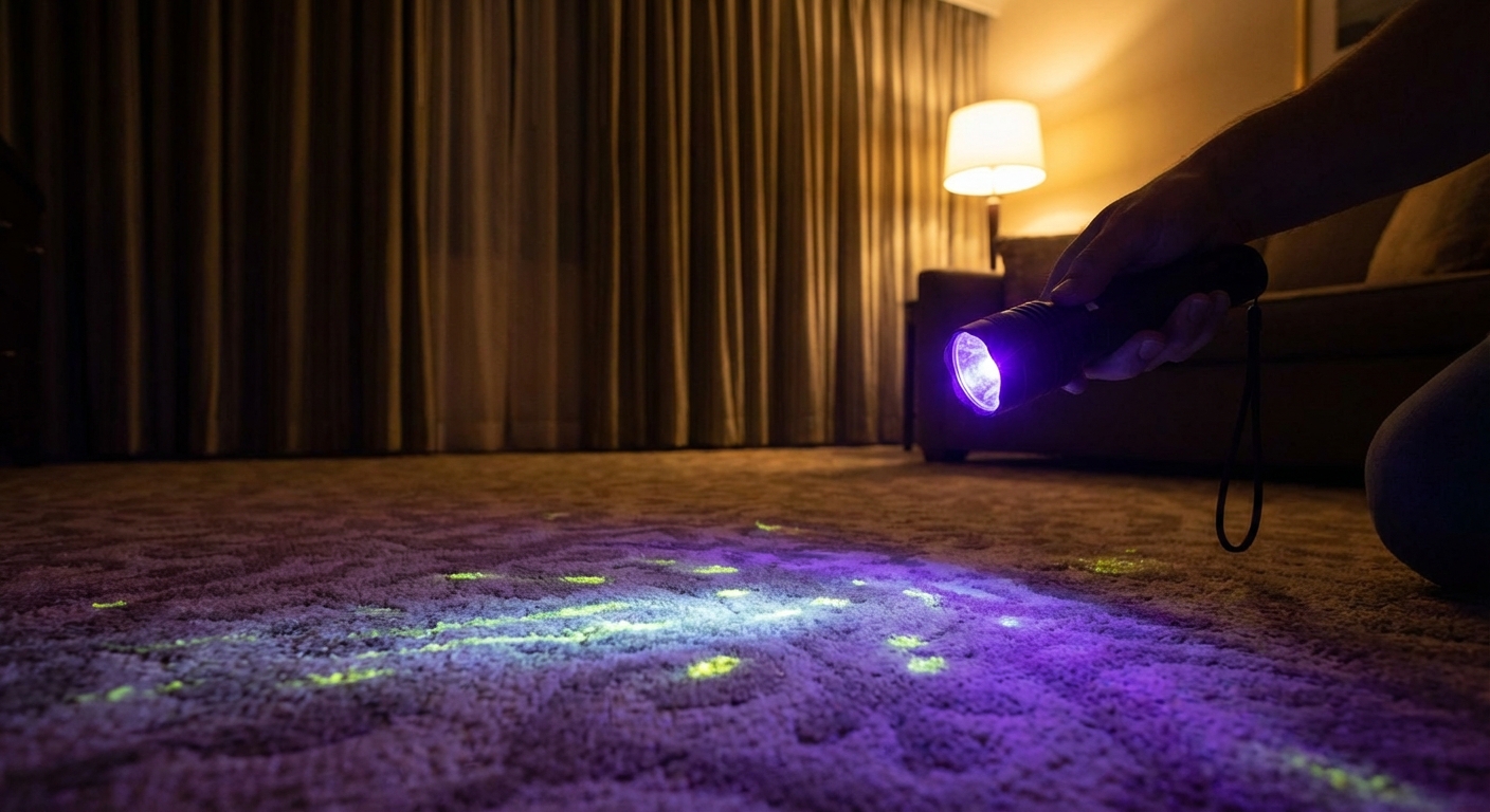 A person holding a UV flashlight pointed at a carpeted floor in a dim room