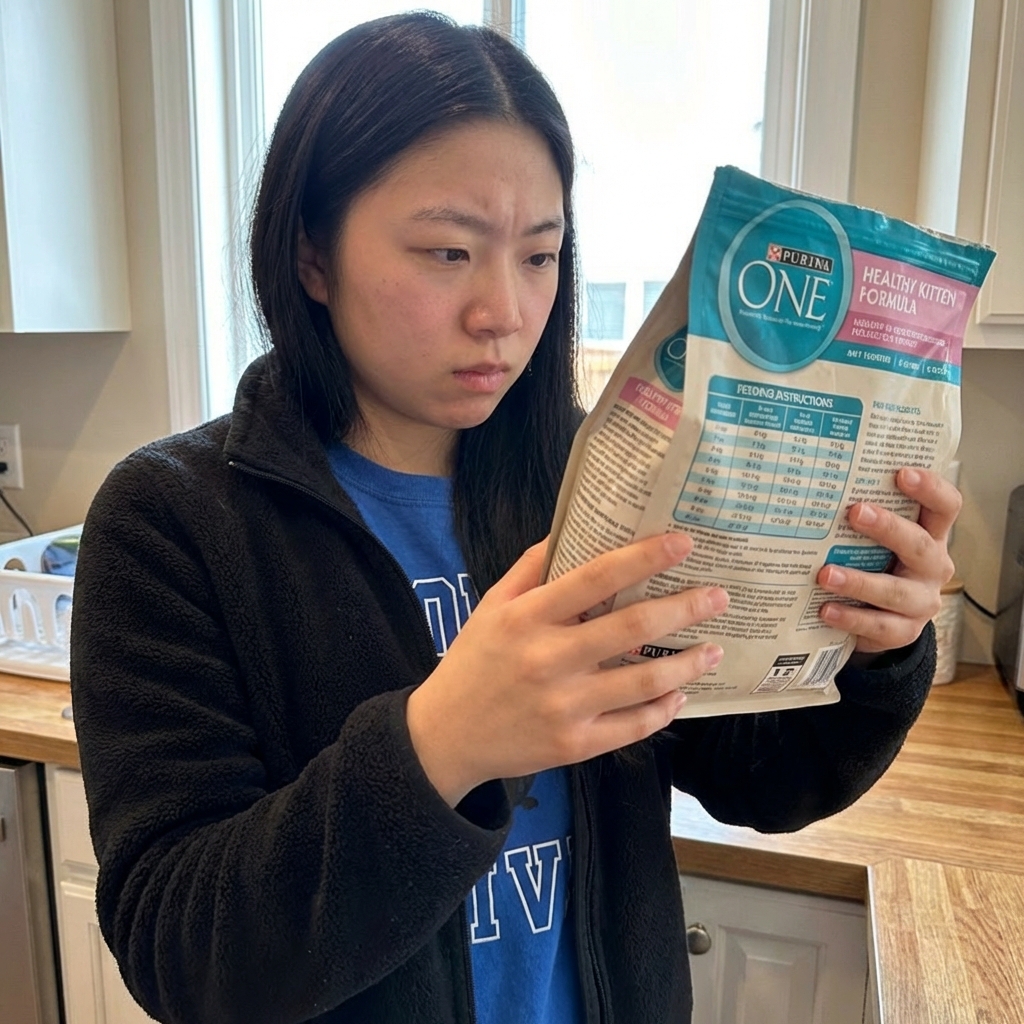 A person holding a bag of kitten food while reading the feeding guide on the back