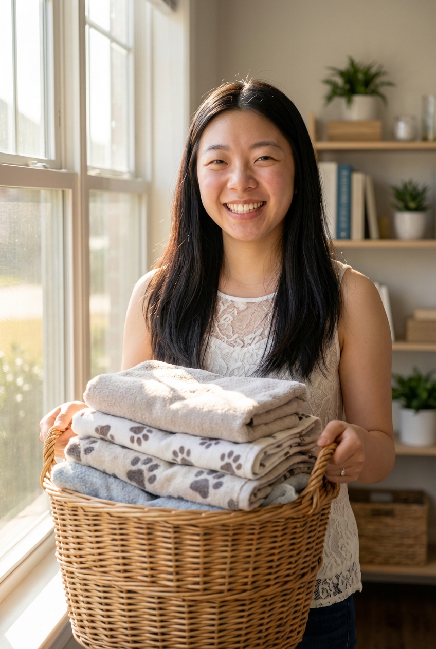 A person holding a basket of freshly washed dog towels near a bright open window