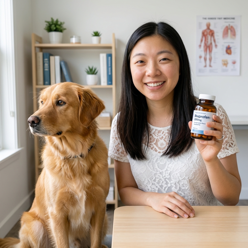A person holding a bottle of human over-the-counter medicine next to a dog, with the dog looking away