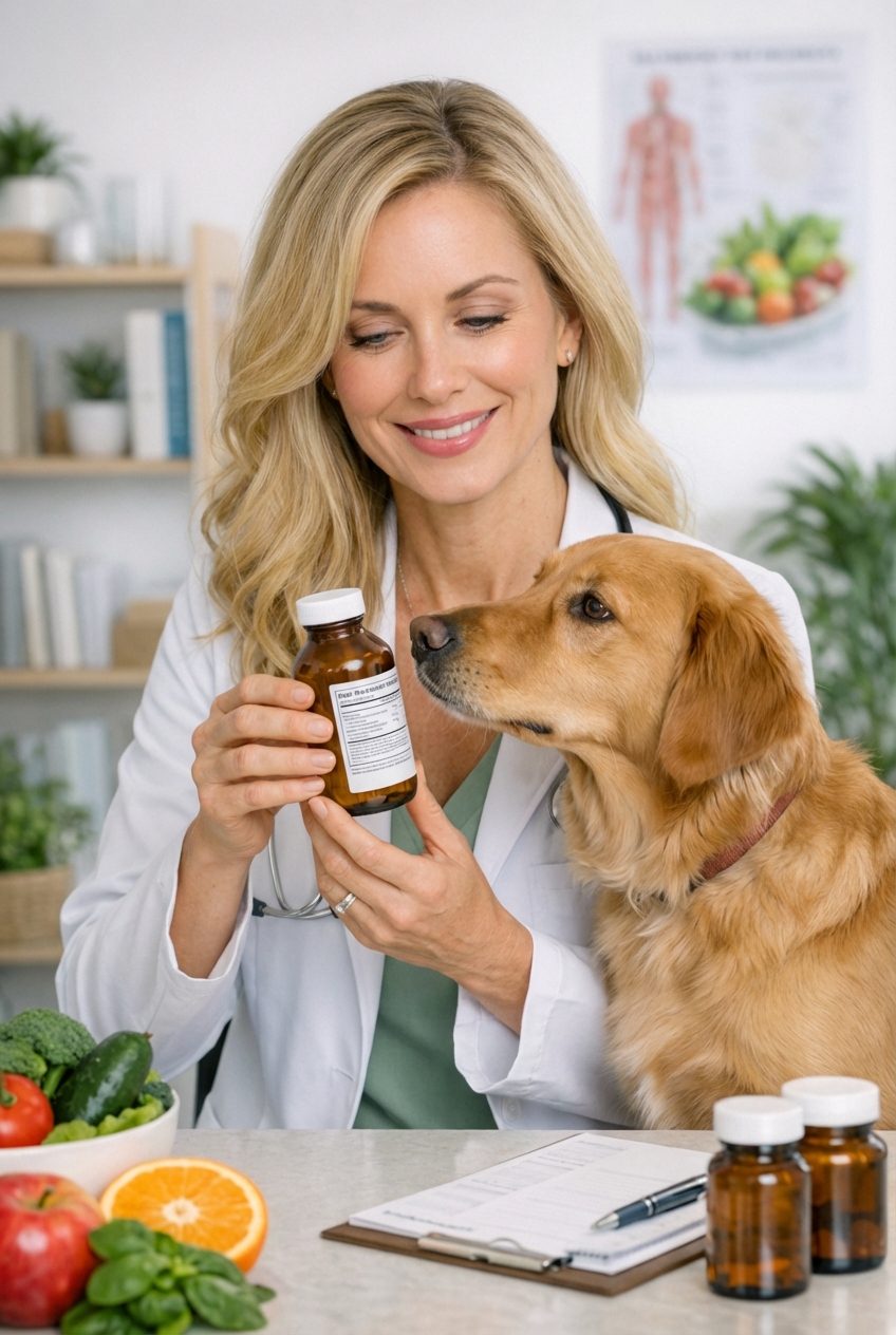 A person holding a bottle of over-the-counter medicine near a curious dog