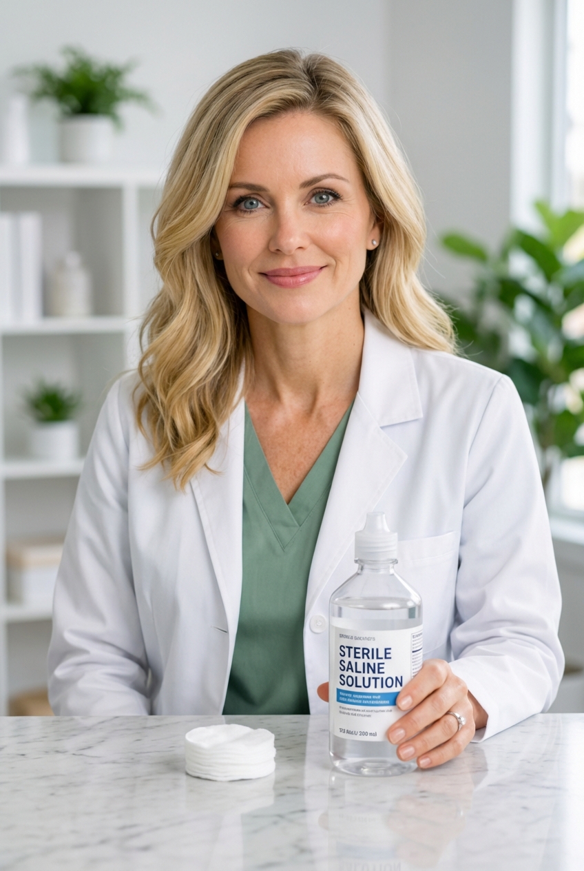 A person holding a bottle of sterile saline next to cotton rounds on a clean countertop