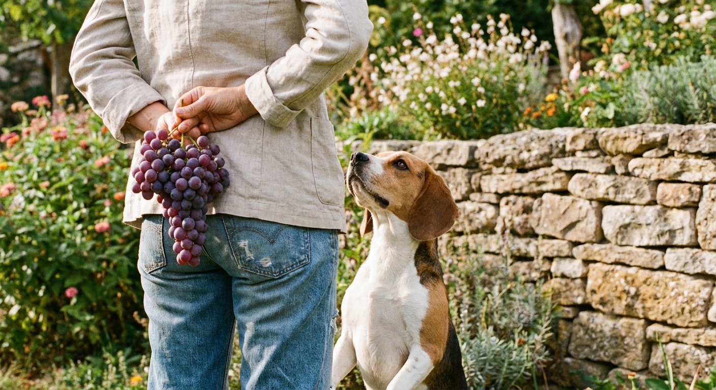 A person holding a bunch of grapes behind their back while a curious beagle looks up