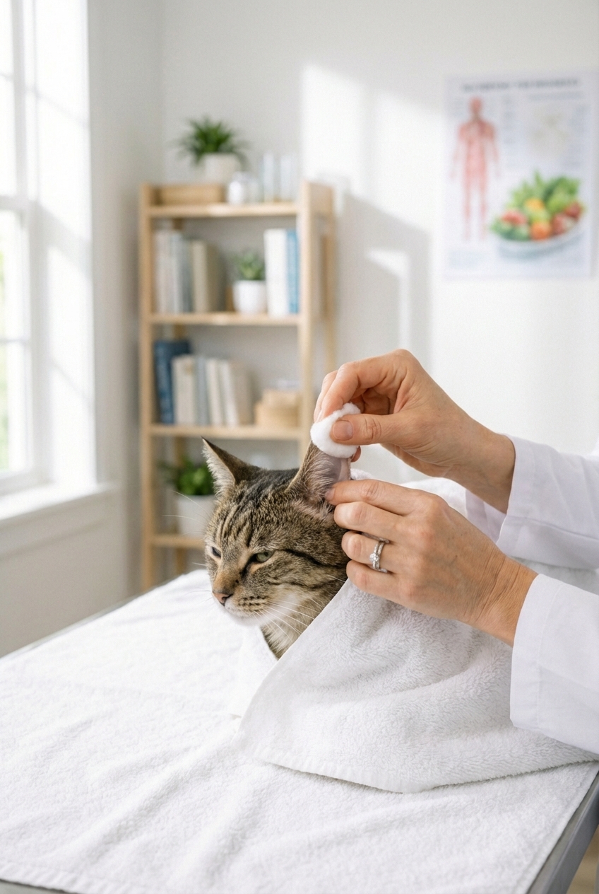 A person holding a cotton ball and gently wiping the inside of a cat’s ear flap while the cat is wrapped in a towel