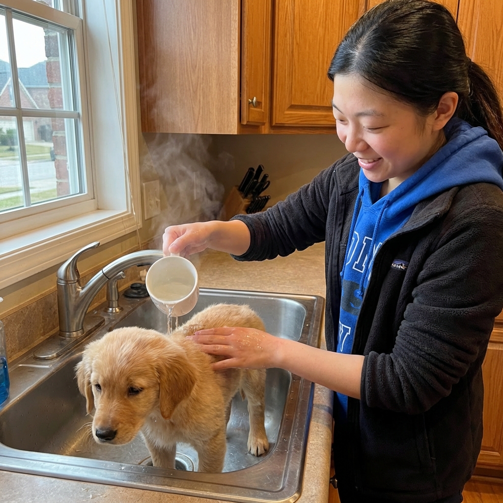 A person holding a cup of warm water and gently wetting a puppy’s back while the puppy stands in a sink
