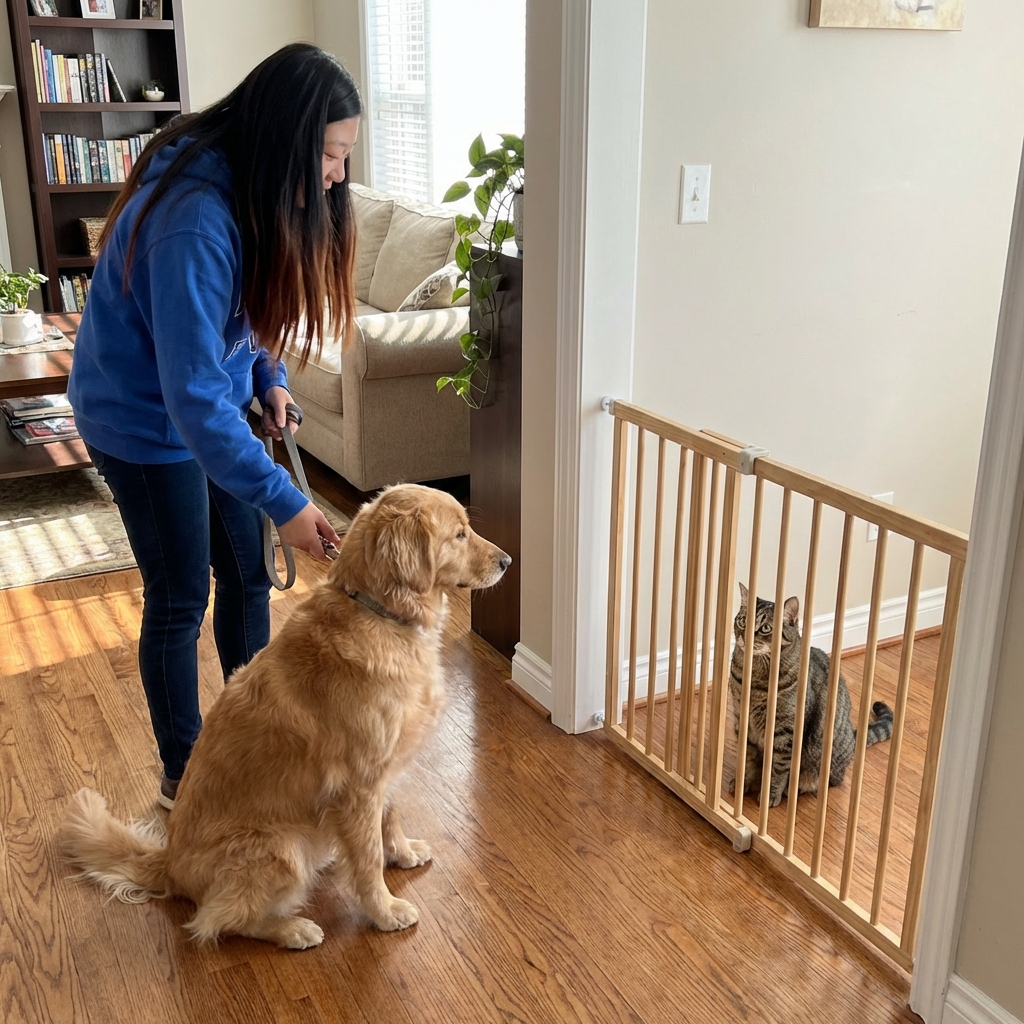 A person holding a dog on a leash several feet from a baby gate while a cat watches calmly from the other side