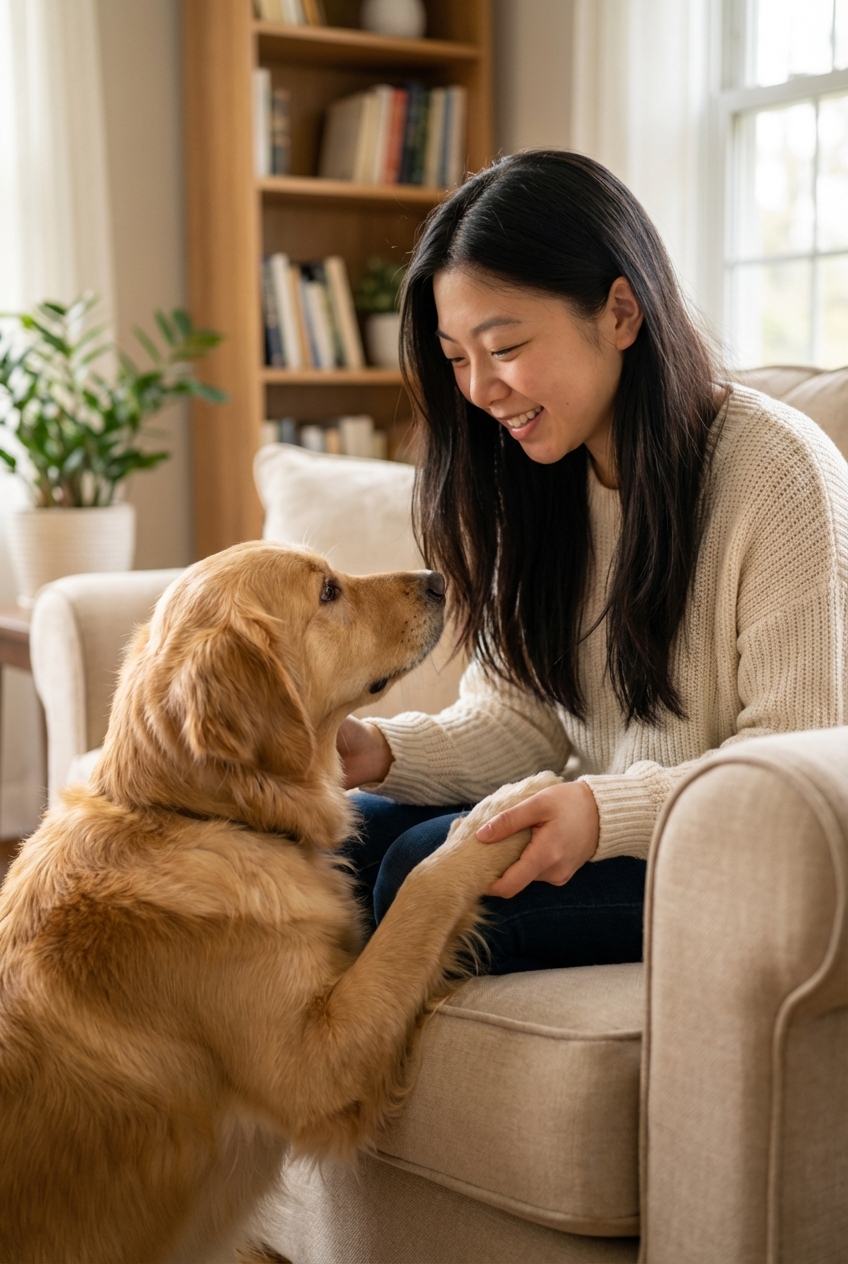 A person holding a dog’s paw gently in their hands in a quiet home setting