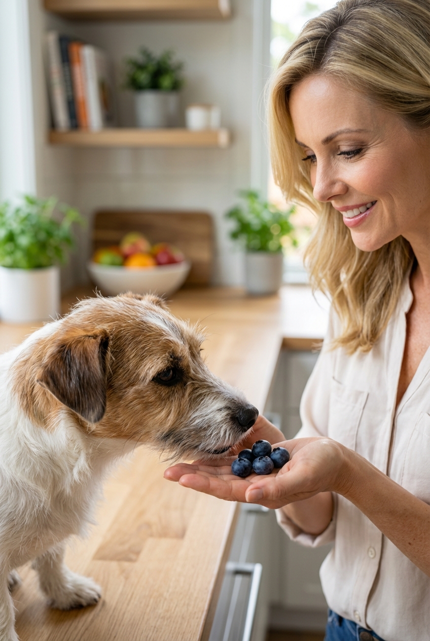 A person holding a few blueberries in an open palm while a mixed-breed dog gently sniffs