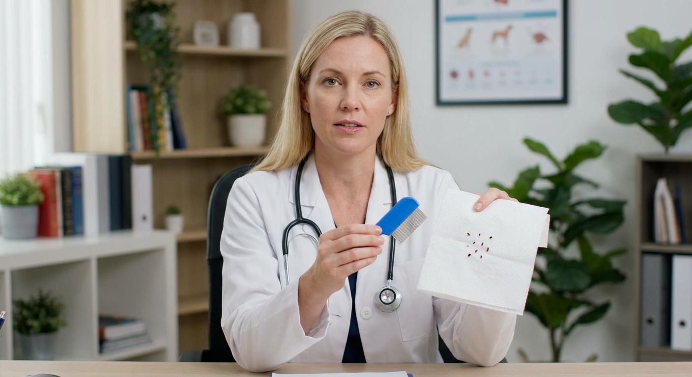 A person holding a fine-toothed flea comb next to a white paper towel with small dark specks