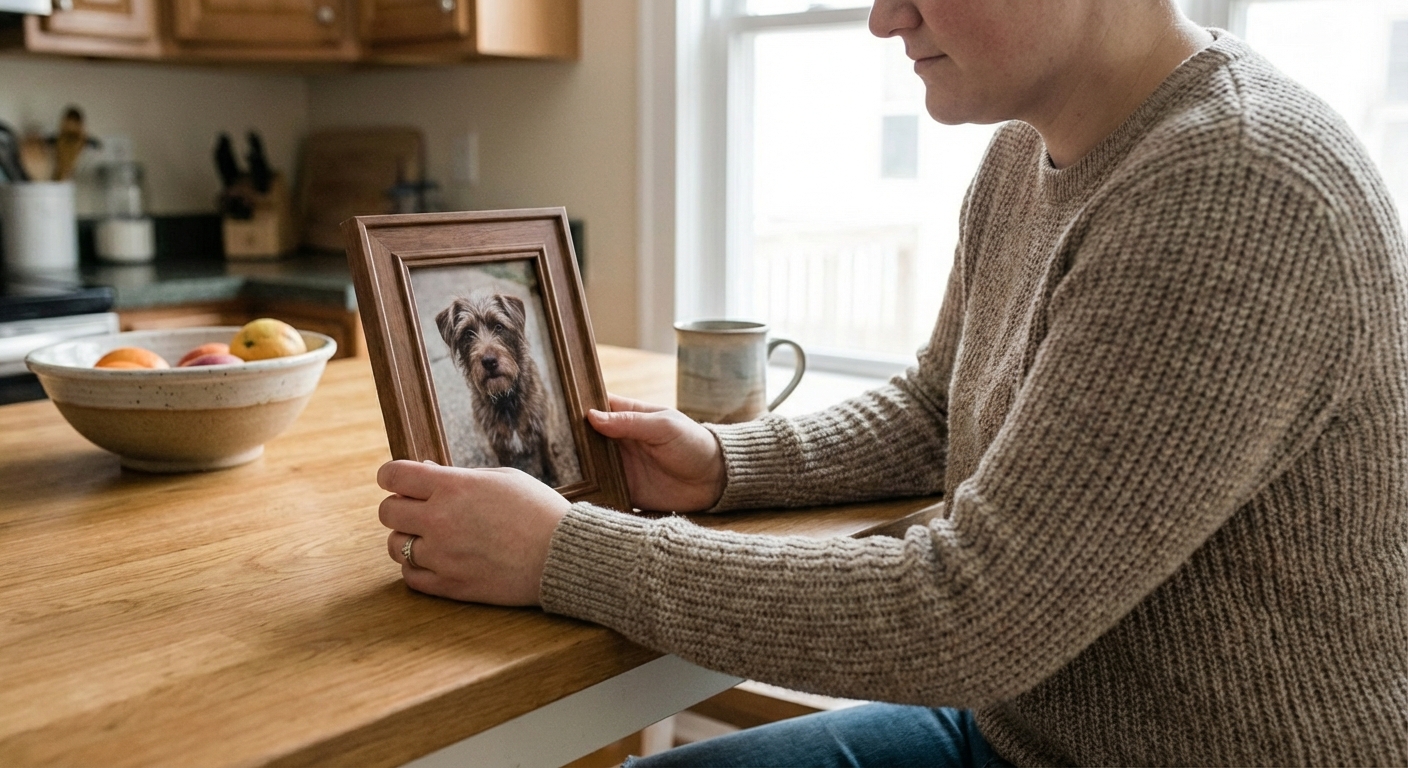 A person holding a framed photo of a small dog while sitting at a kitchen table