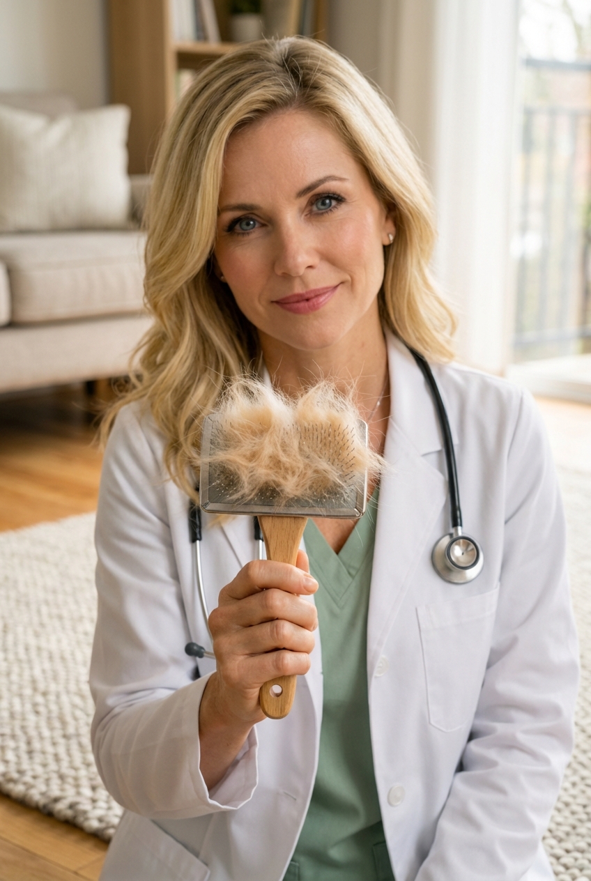 A person holding a grooming brush with loose cat fur collected on the bristles