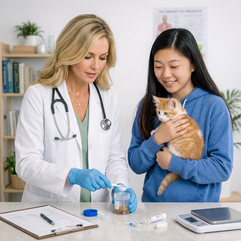 A person holding a kitten while another person prepares a small stool sample container on a counter