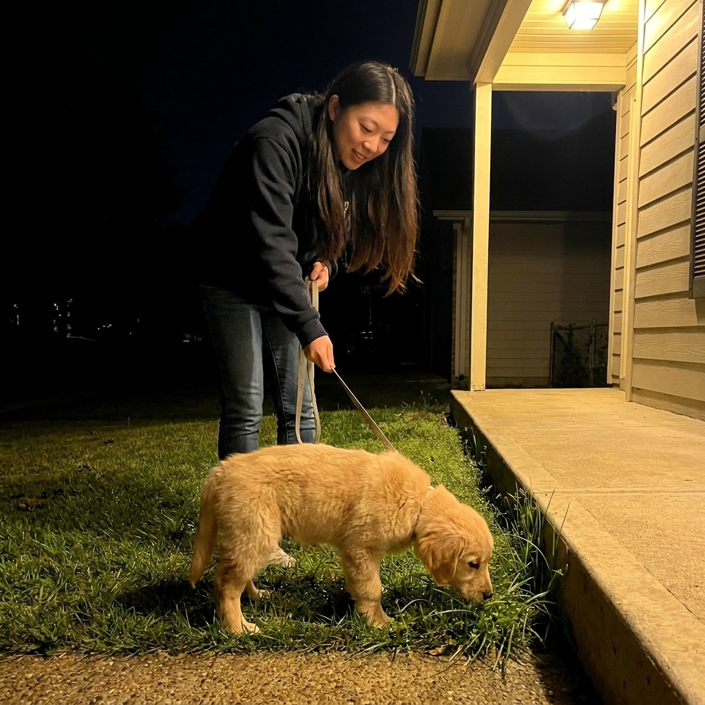 A person holding a leash while a young puppy sniffs grass during a quiet nighttime potty break under a porch light, realistic photography style