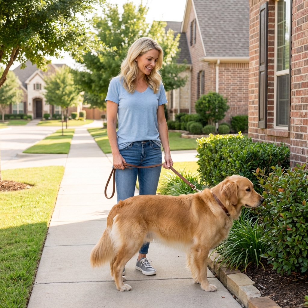 A person holding a leash while their dog pauses on a neighborhood sidewalk