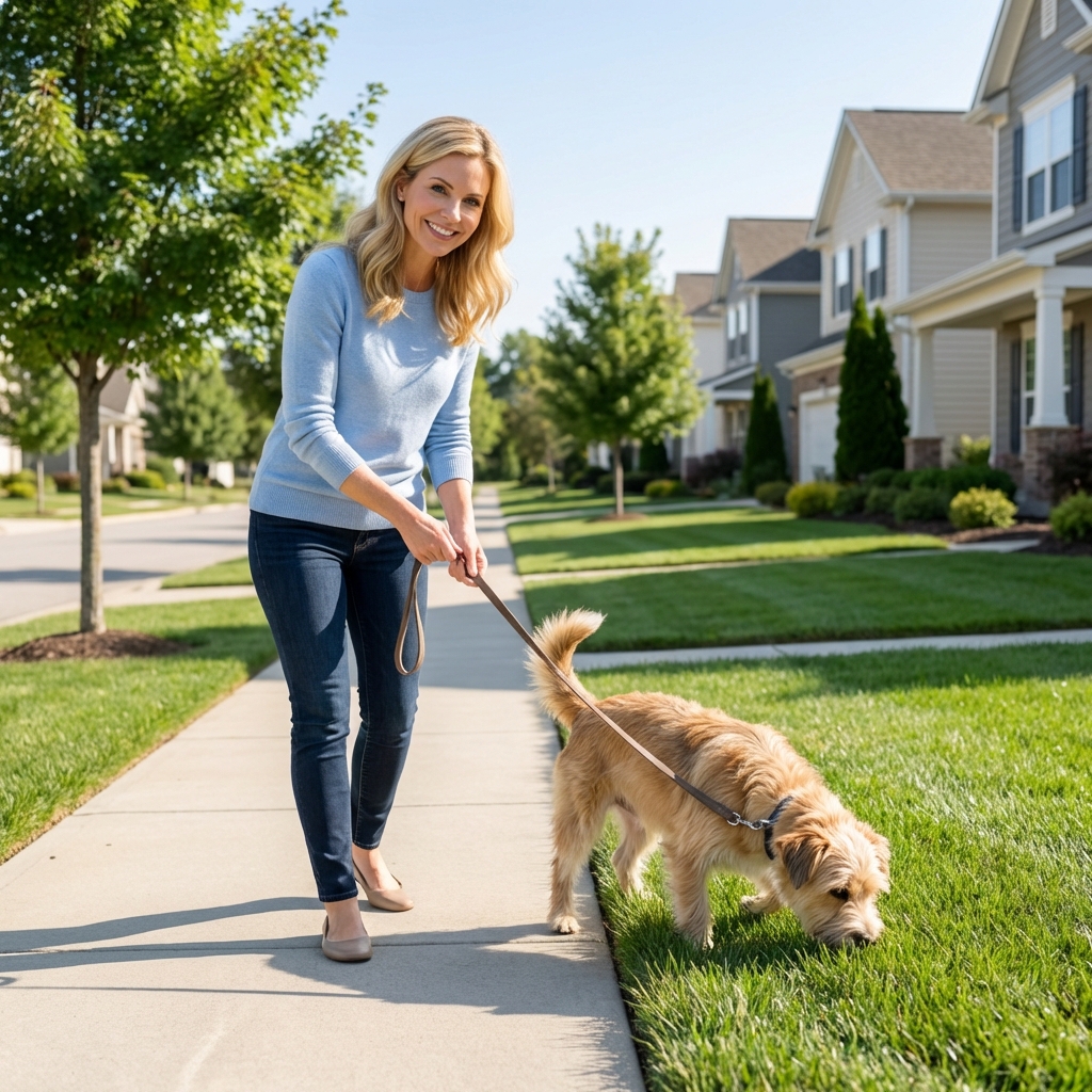 A person holding a leash while their dog sniffs grass near a sidewalk in a clean suburban neighborhood