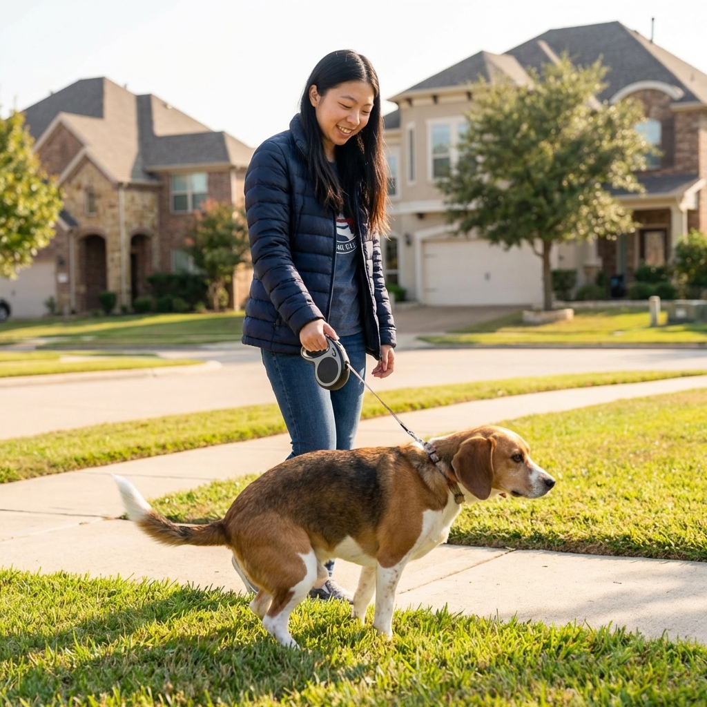 A person holding a leash while their dog urinates on grass during a neighborhood walk in daylight