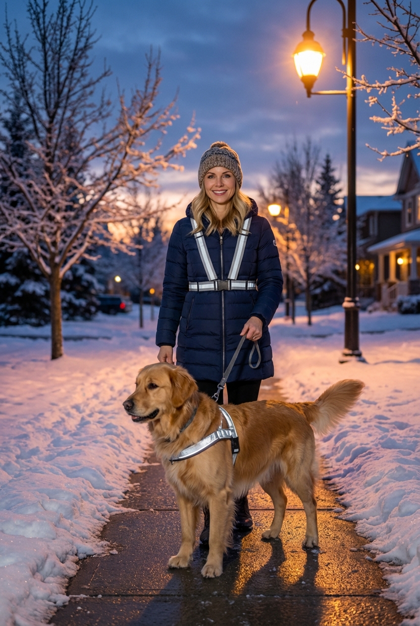 A person holding a leash while walking a dog on a winter evening with a reflective harness visible