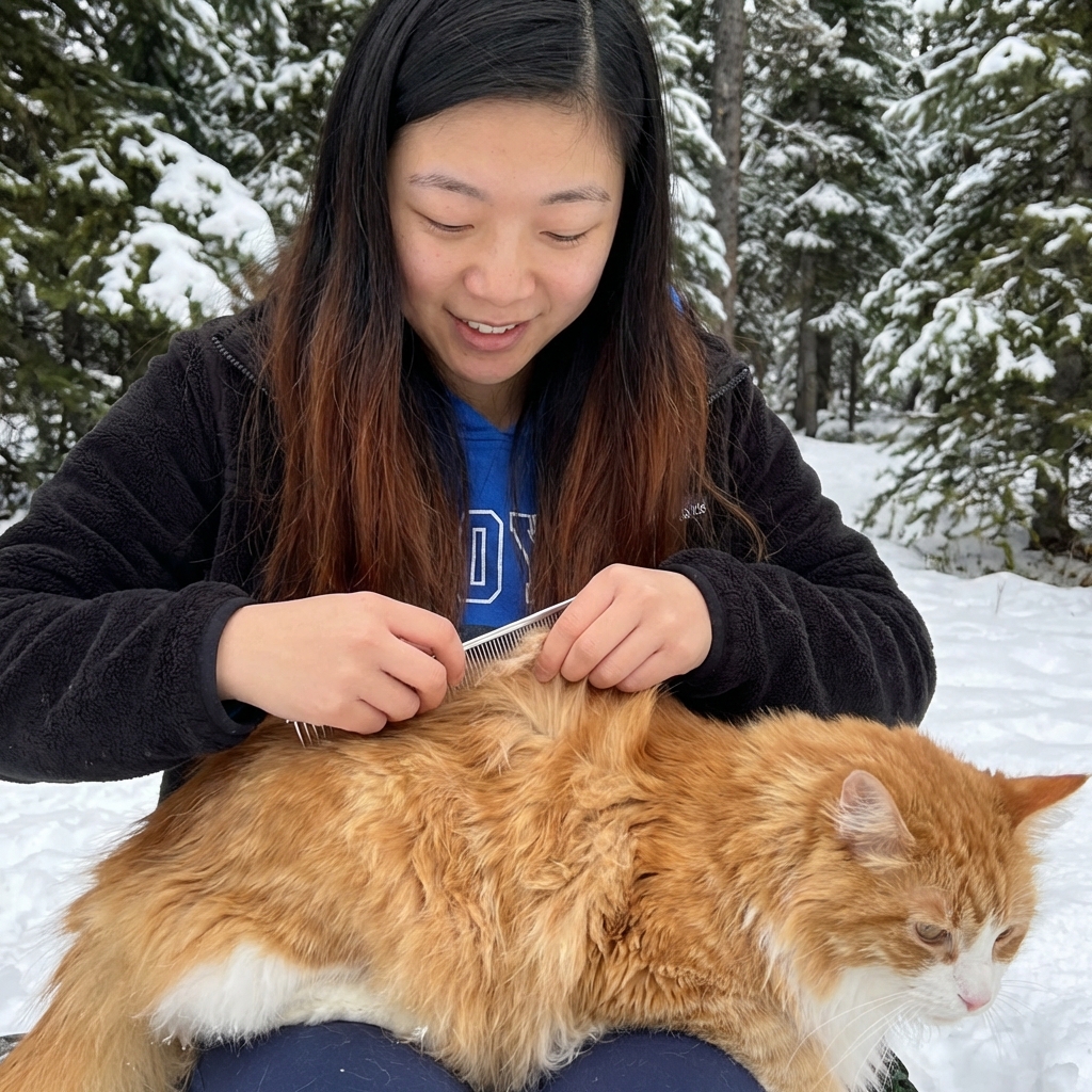 A person holding a long-haired cat’s fur gently at the base while using a metal comb to work a small tangle