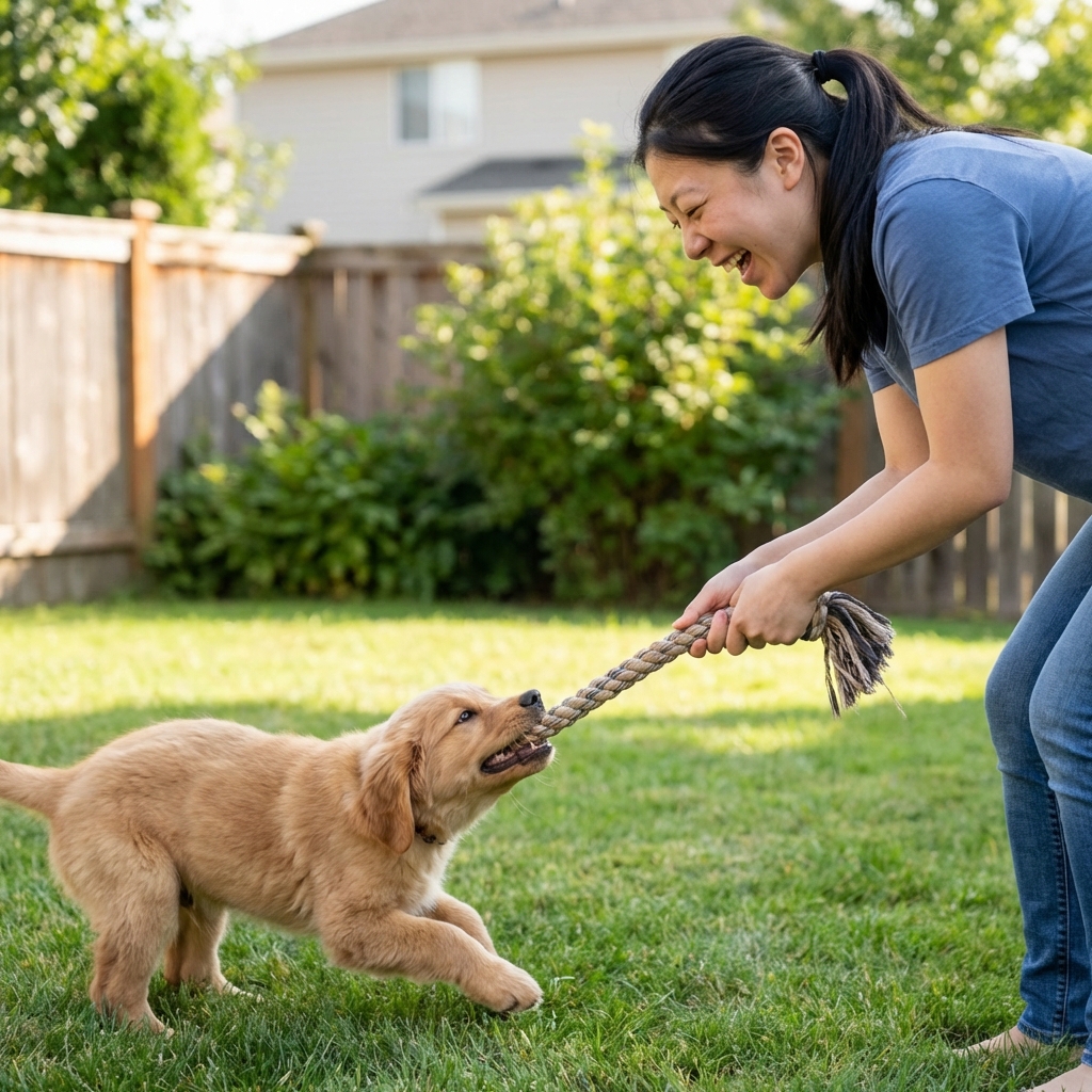 A person holding a long tug toy while a puppy bites the toy instead of hands