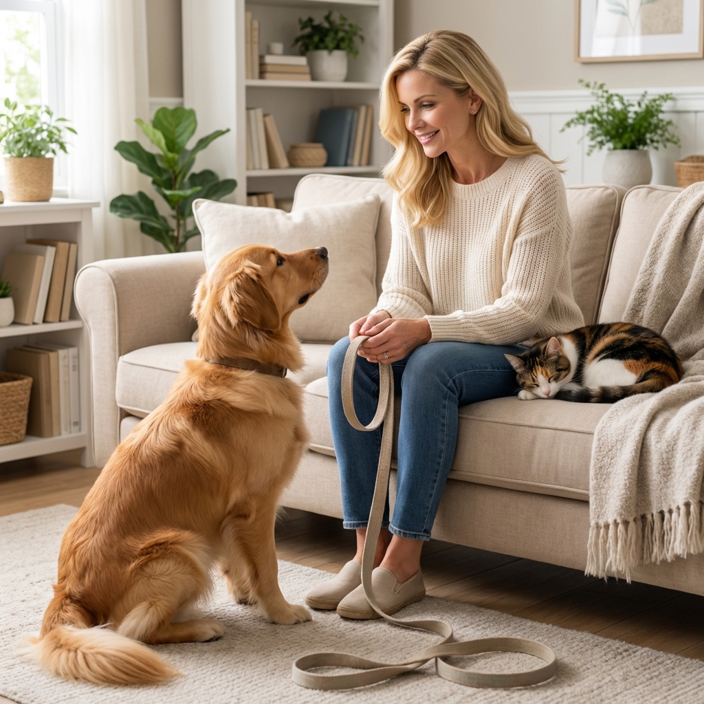 A person holding a loose leash while a dog looks at them and a cat sits calmly on a sofa
