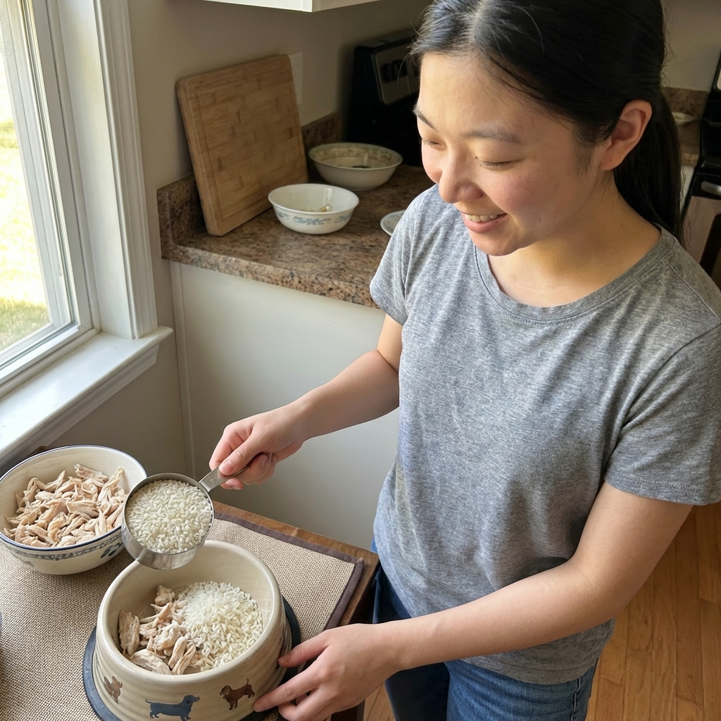 A person holding a measuring cup while portioning small servings of plain rice and shredded chicken into a dog bowl