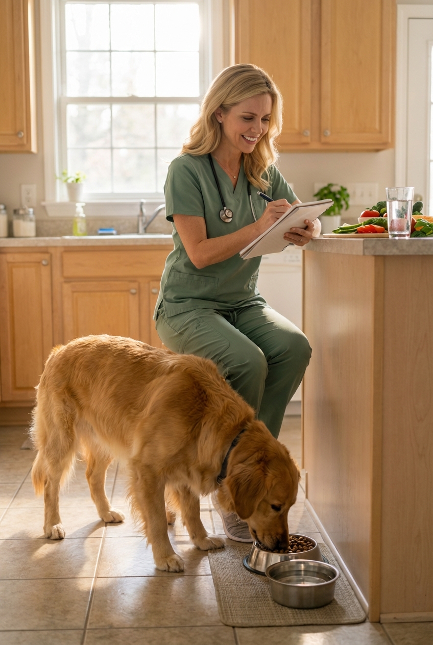 A person holding a notebook and pen while a dog eats from a bowl in a bright kitchen
