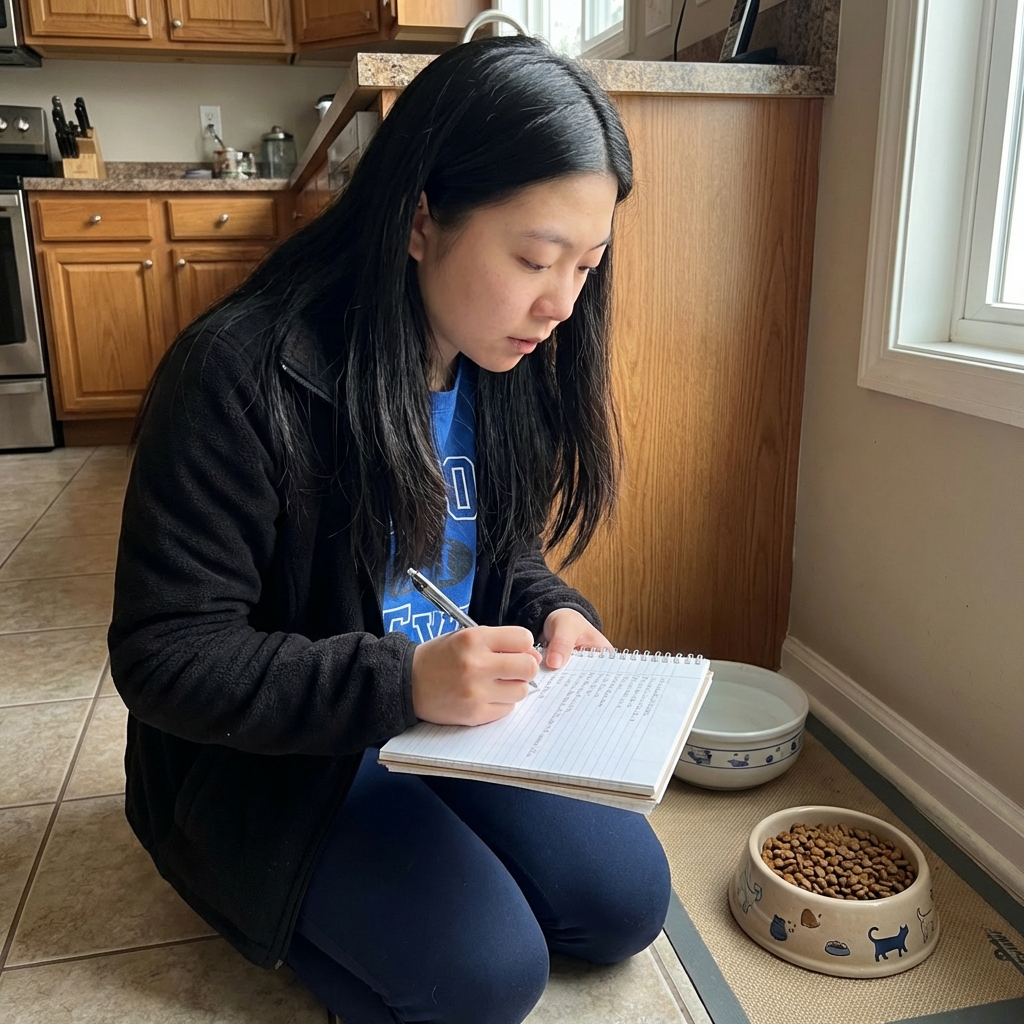 A person holding a notepad near a cat food bowl in a home setting