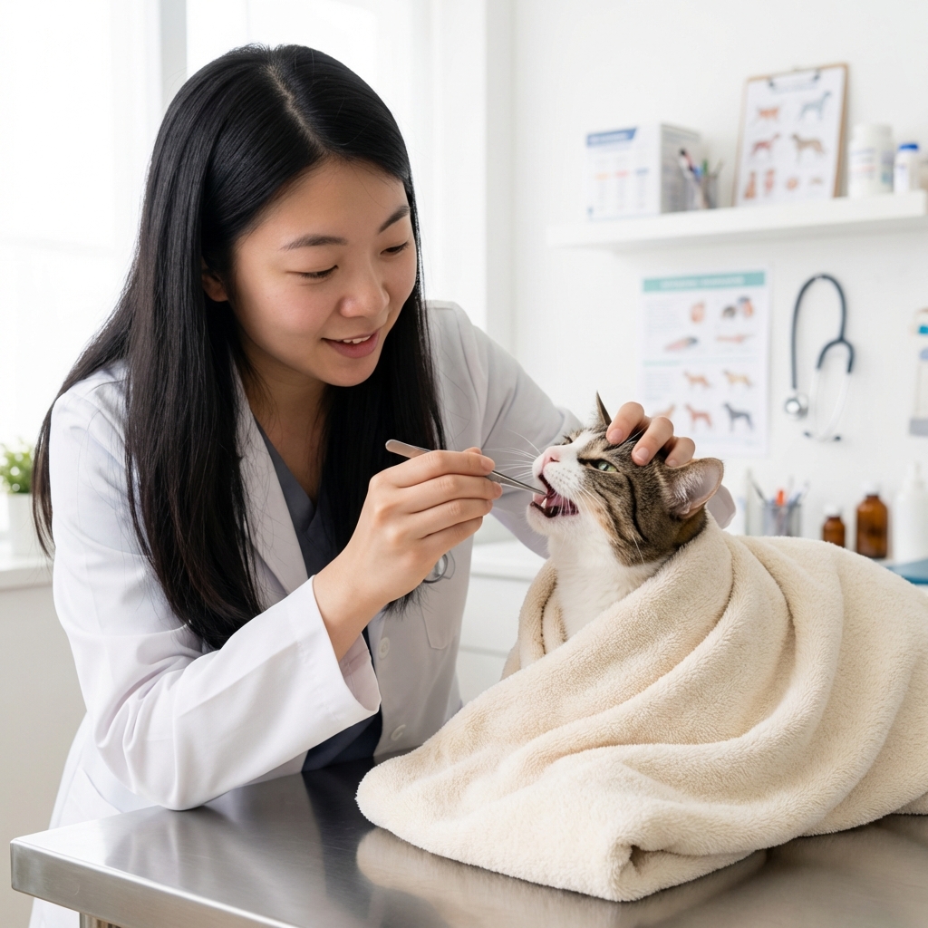 A person holding a pair of tweezers near a cat wrapped in a towel while checking the cat’s mouth in a bright room