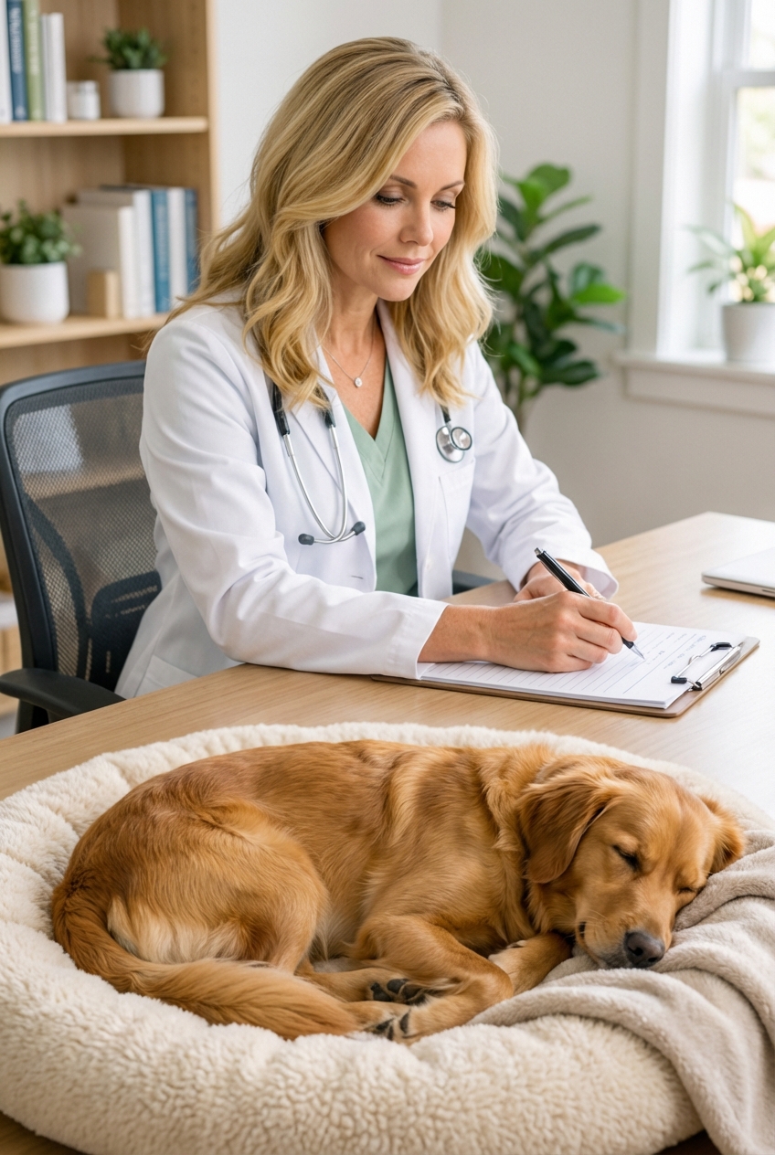 A person holding a pen and writing notes on paper beside a dog sleeping on a cozy bed