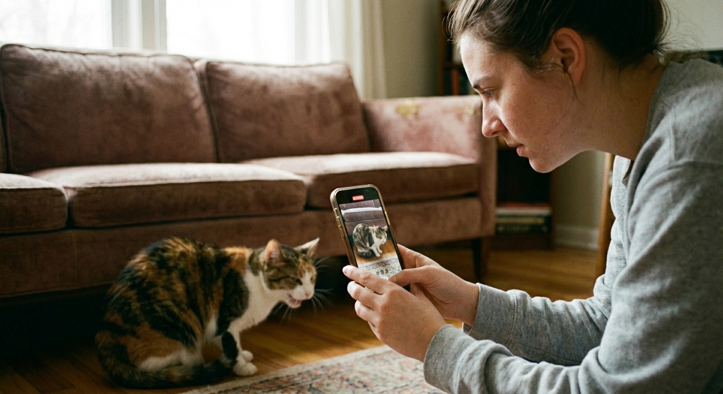 A person holding a phone while recording a cat crouched on the floor during a coughing episode