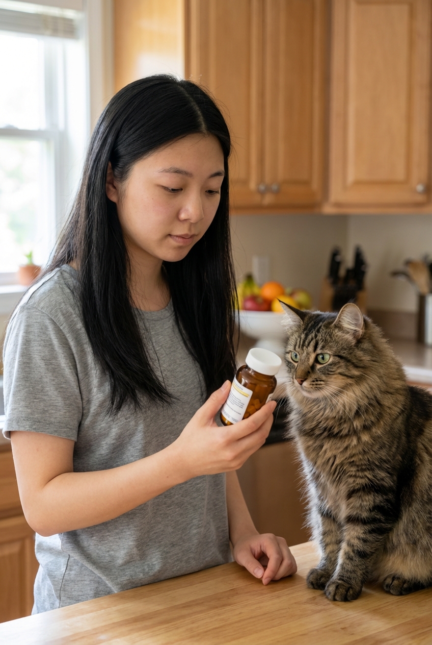 A person holding a pill bottle while a cat looks on from a countertop