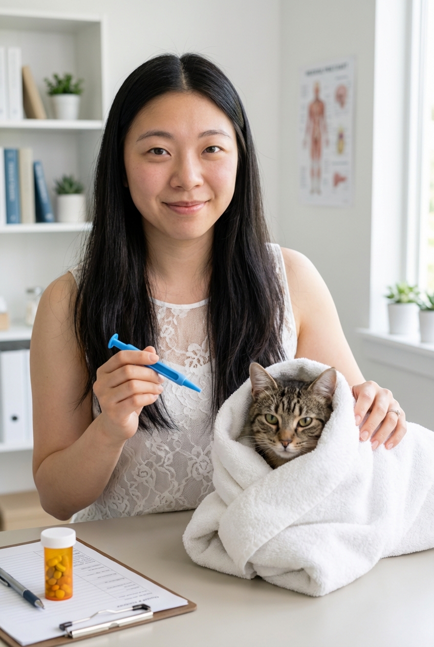 A person holding a pill popper next to a small cat while the cat sits wrapped in a towel