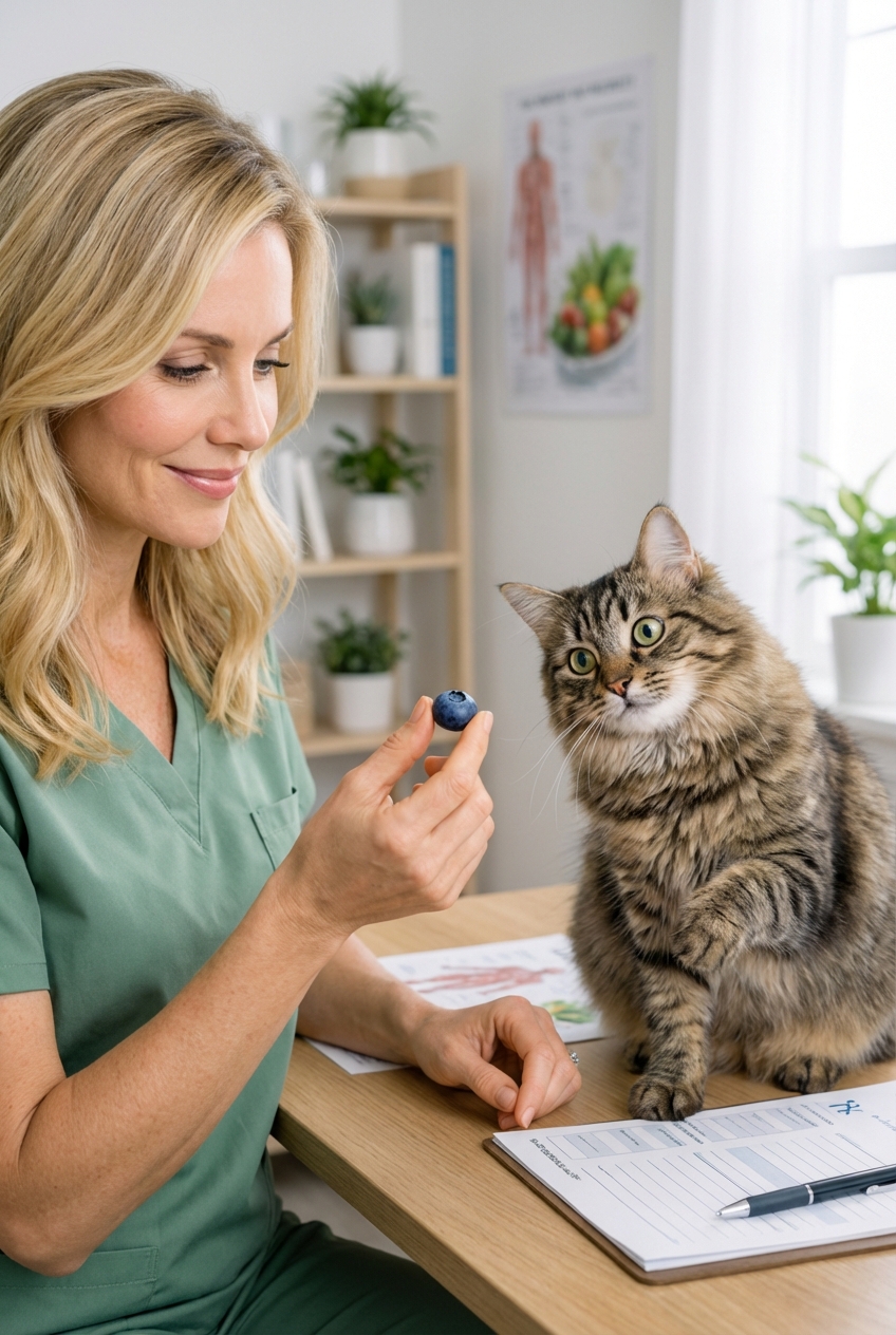 A person holding a single blueberry between fingers with a curious cat nearby