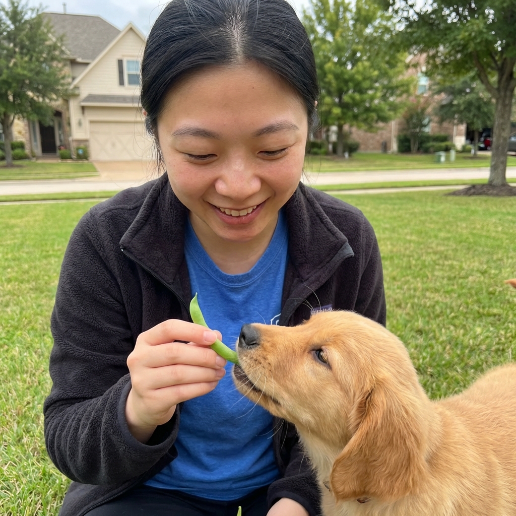 A person holding a single green bean while a small dog gently takes it