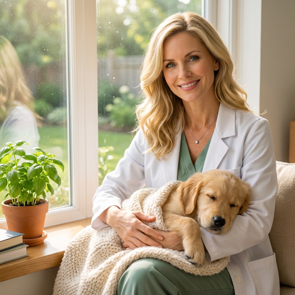 A person holding a sleeping dog wrapped in a soft blanket near a sunny window