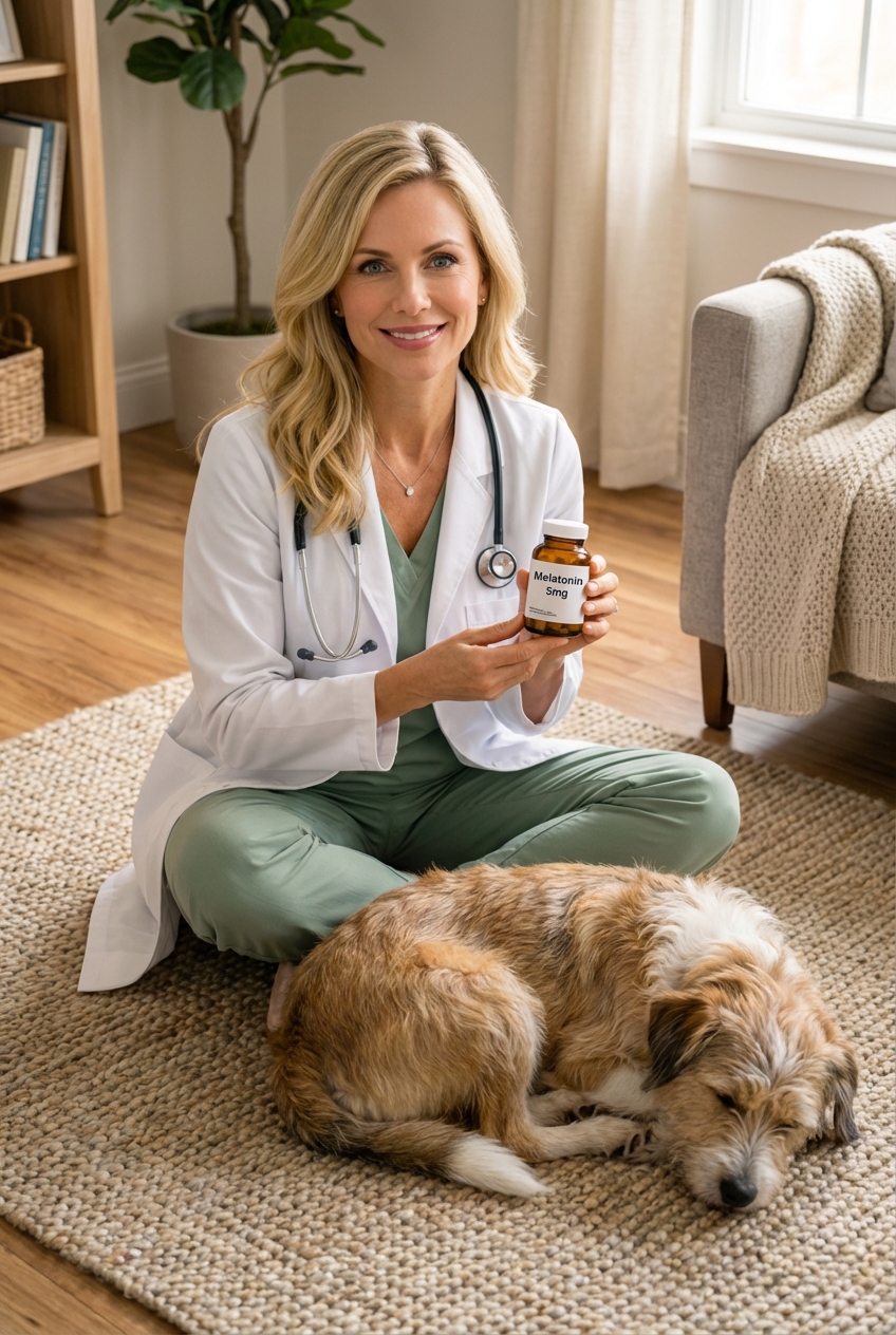 A person holding a small bottle of melatonin supplements next to a sleeping dog on a rug