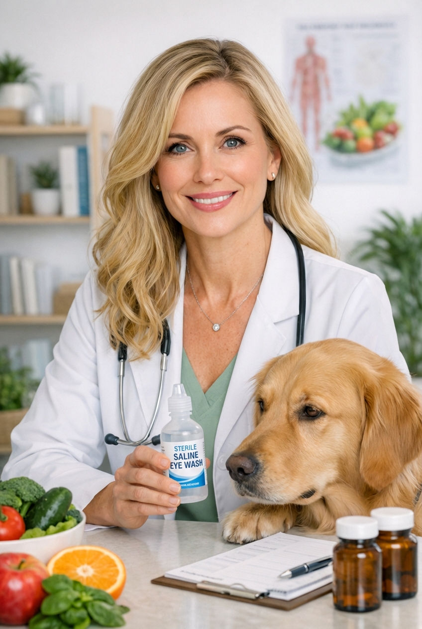 A person holding a small bottle of sterile saline eye wash next to a calm dog