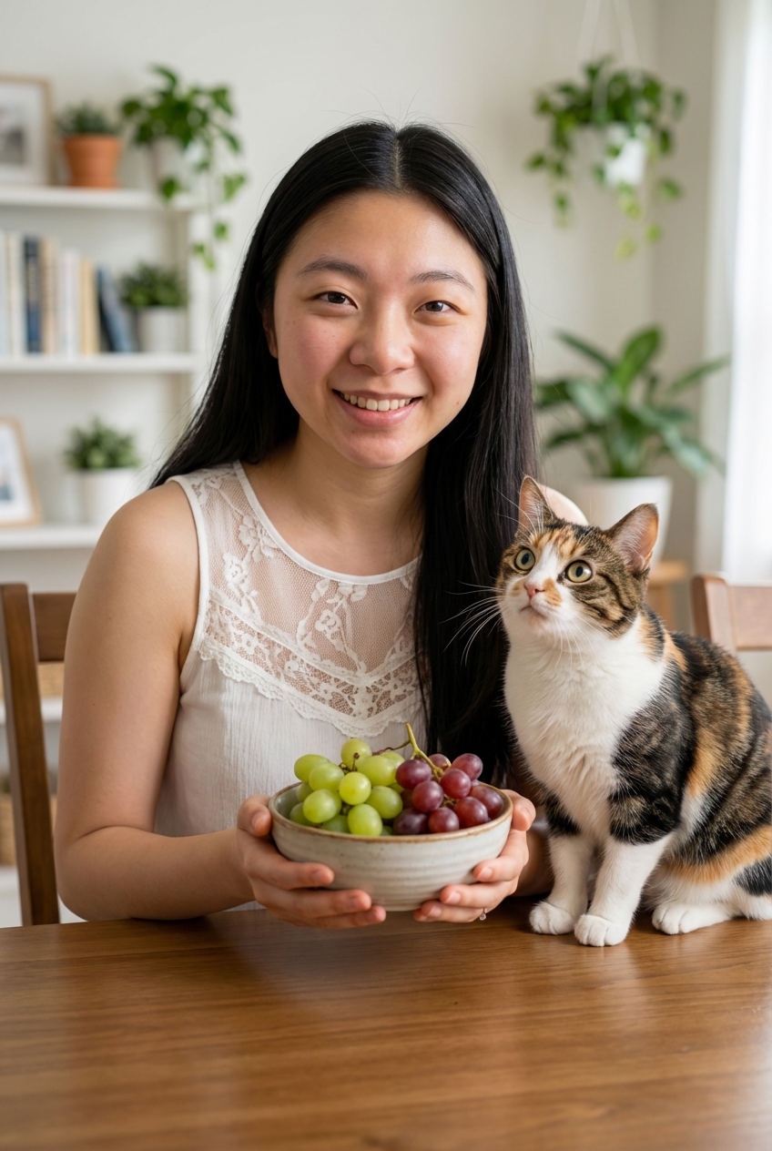 A person holding a small bowl of grapes near a cat on a dining table while the cat looks up with interest