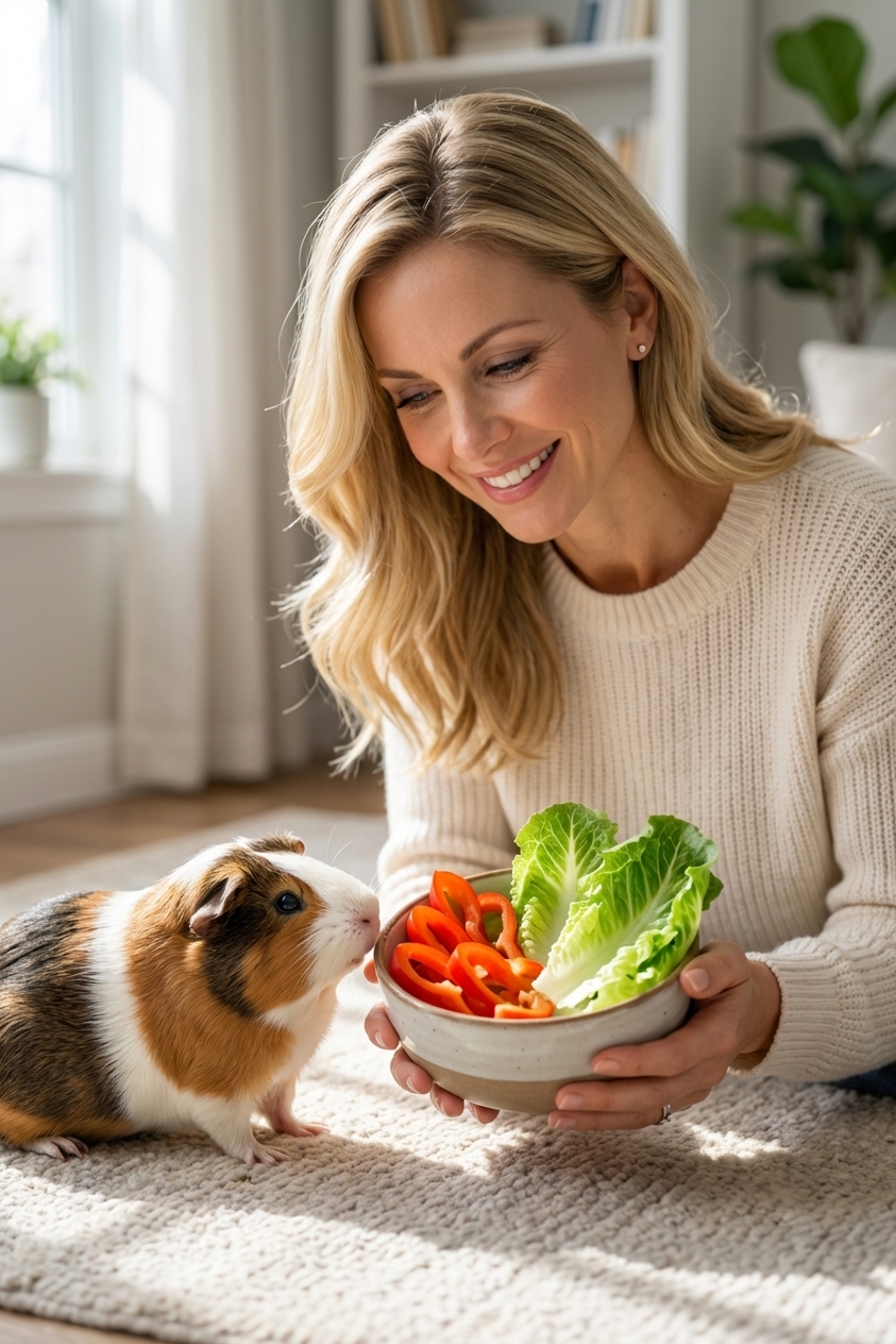 A person holding a small bowl of guinea pig-safe vegetables including bell pepper slices and romaine lettuce next to a guinea pig, indoor natural light, photorealistic