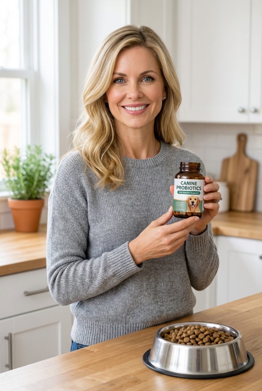 A person holding a small container of canine probiotics next to a dog bowl in a kitchen