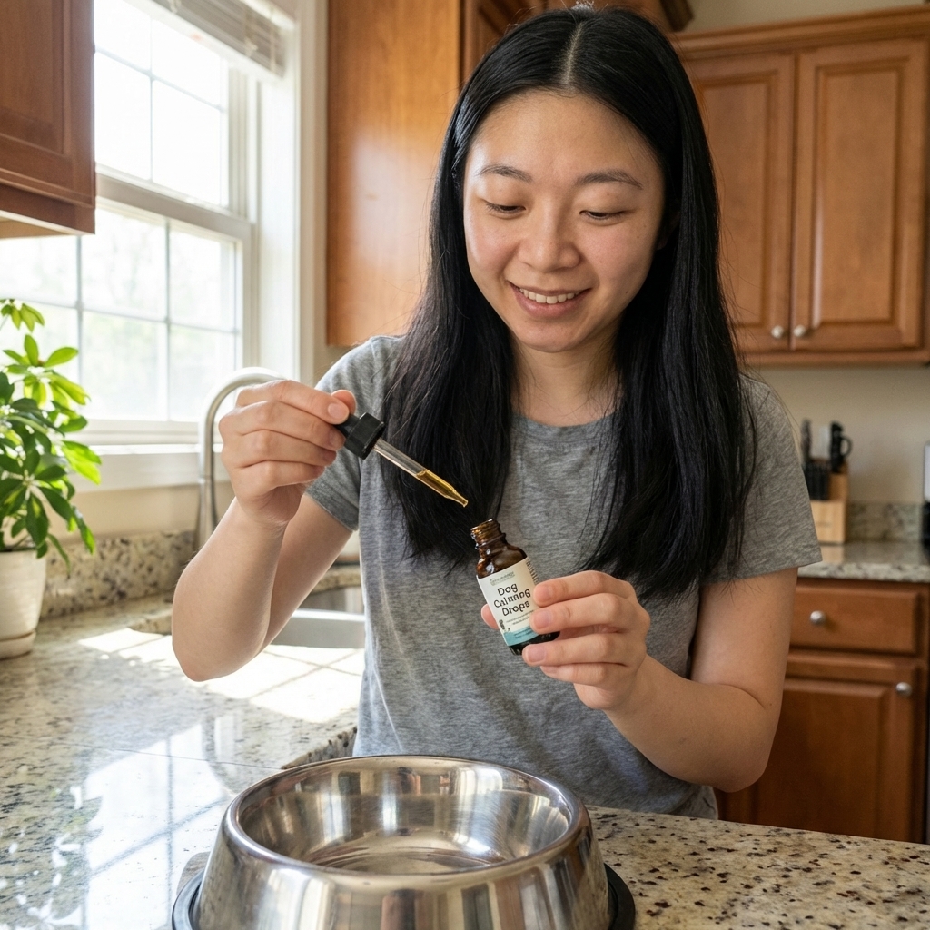 A person holding a small dropper bottle of dog calming supplement next to a stainless steel dog bowl on a bright kitchen counter, realistic photo