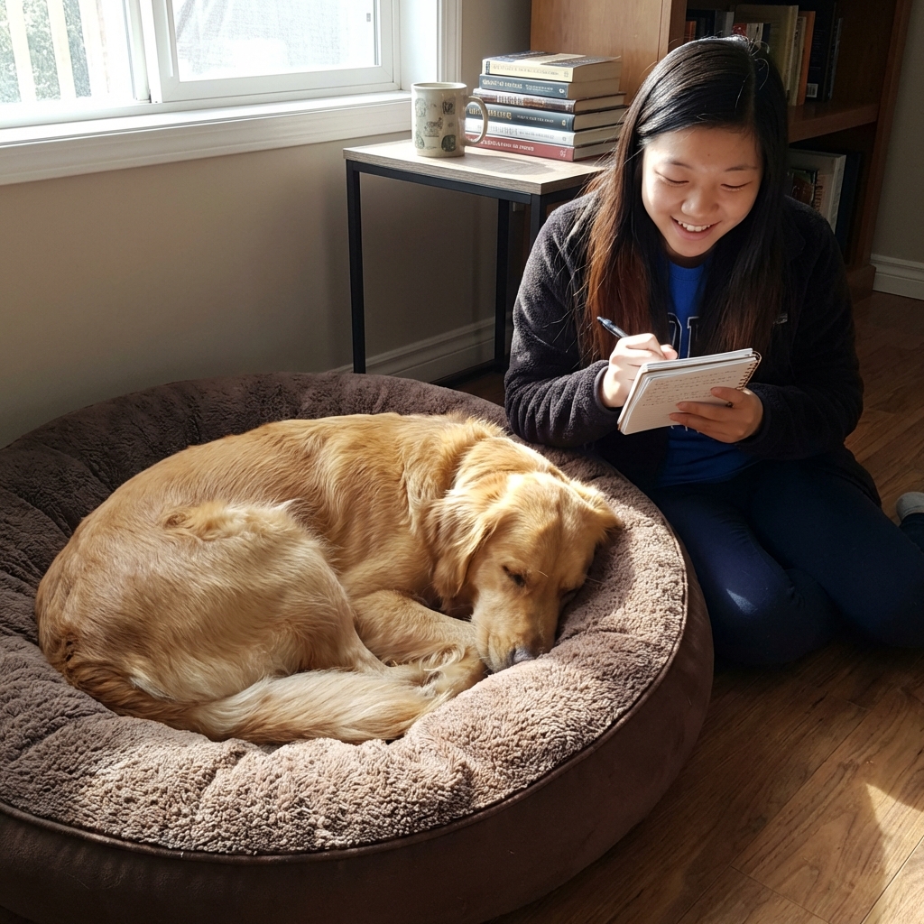 A person holding a small notebook next to a dog bed while their dog rests